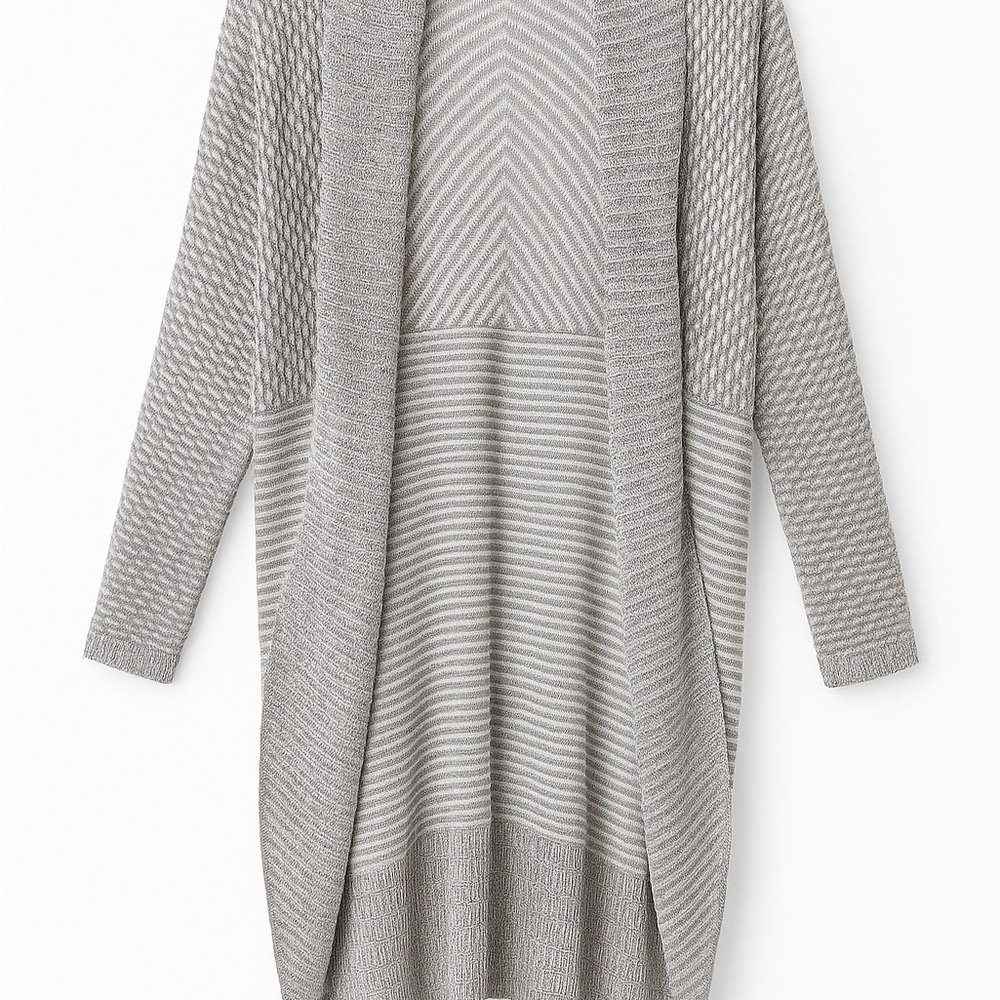Say What? Women’s Gray Striped Open-Front Longline Cardigan Sweater – Size S